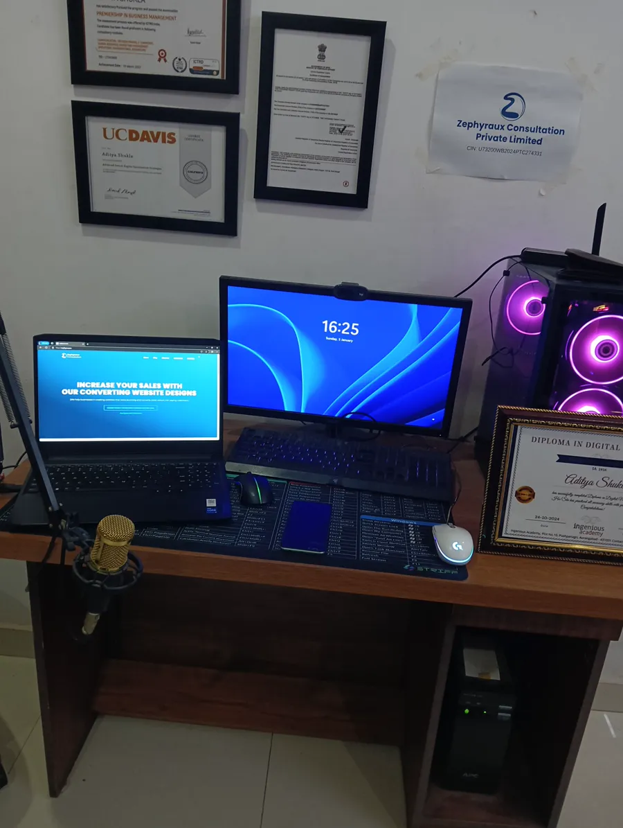 Where it started: my first desk and setup, with the company certificate and course diplomas on the wall